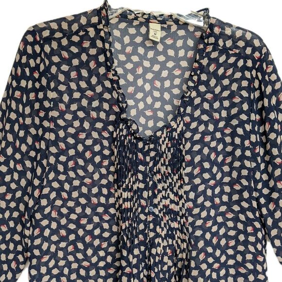 Old Navy Top Women Medium Sheer Loose Leaves Print Pleated Front Buttons Blue M - Picture 2 of 9